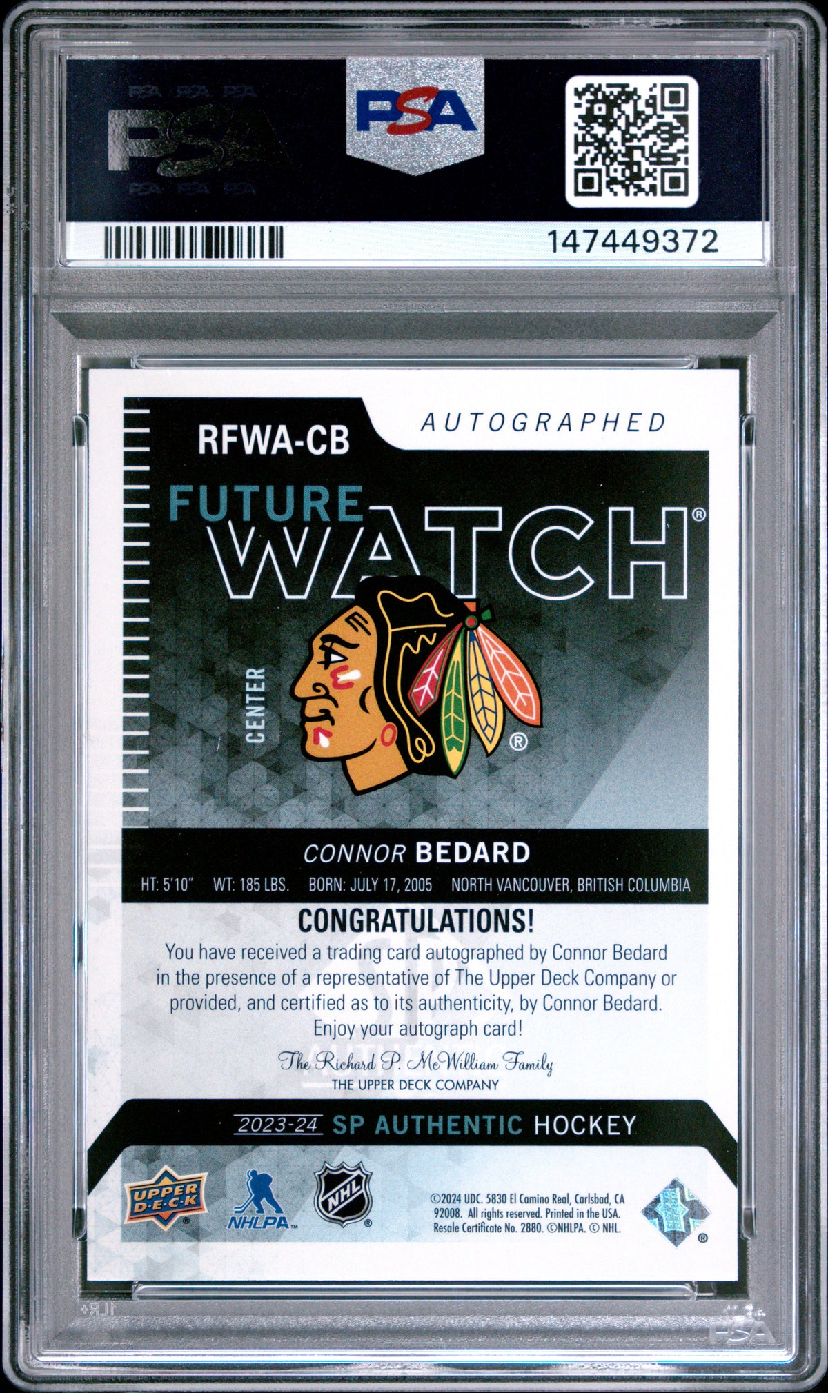 2023 Sp Authentic 2013-14 Retro Autograph Connor Bedard 9 PSA #RFWACB