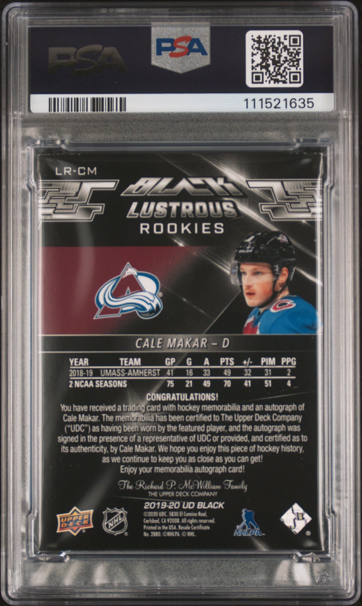 2019 Black Lustrous Rookie Auto Patch Cale Makar 7 AU PSA #LR-CM