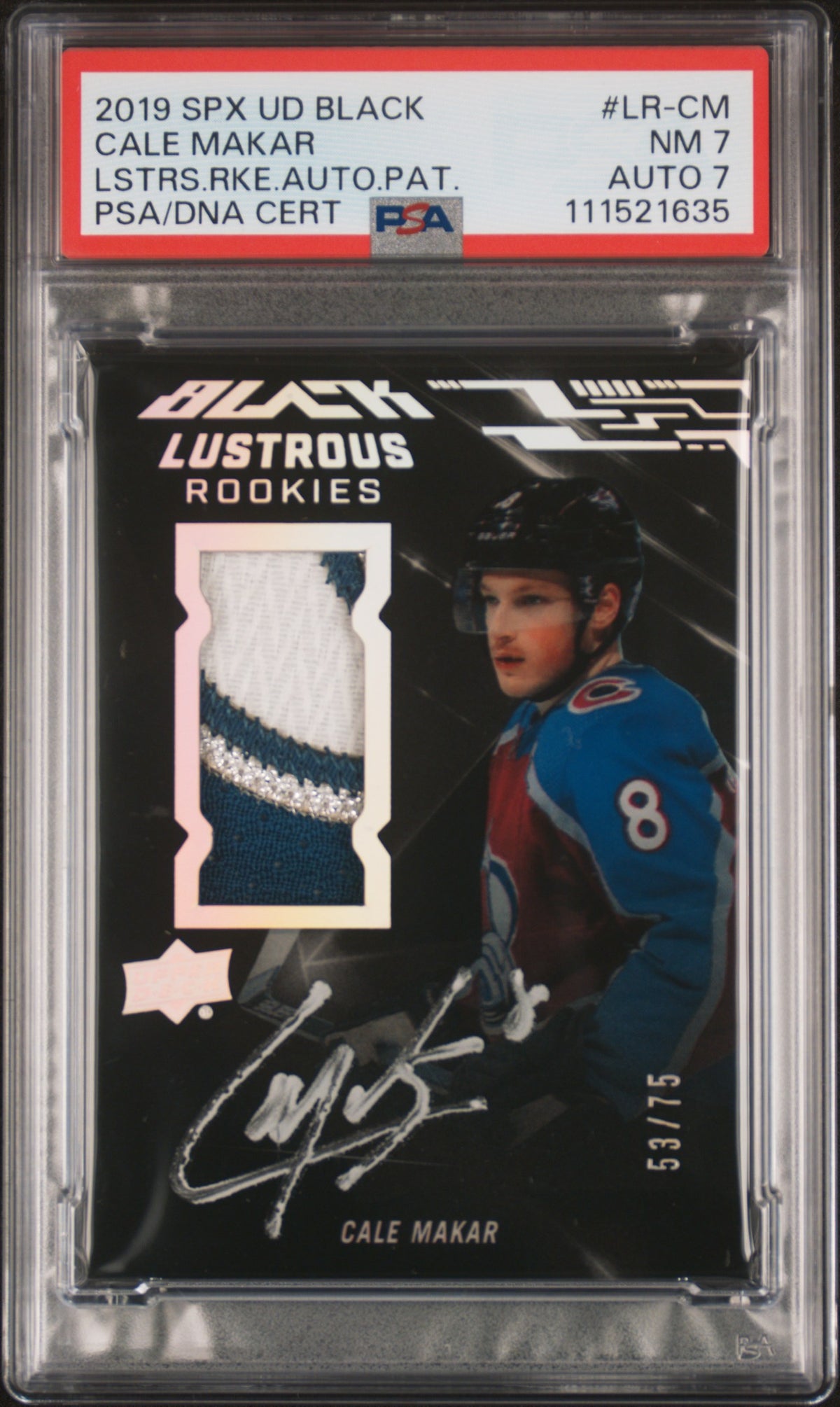 2019 Black Lustrous Rookie Auto Patch Cale Makar 7 AU PSA #LR-CM