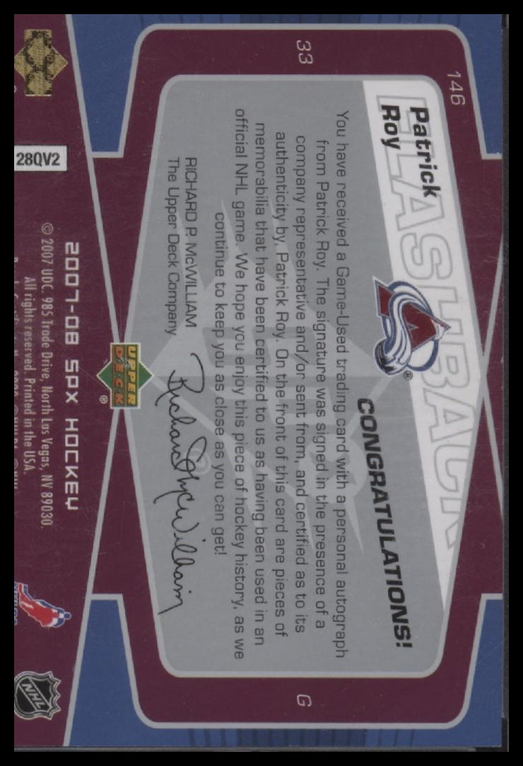 2007-08 SPx Spectrum Patrick Roy #/25 AU #146
