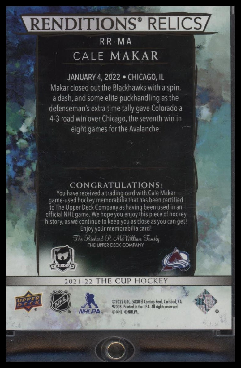 2021-22 Upper Deck The Cup Rendition Relics Cale Makar #RR-MA