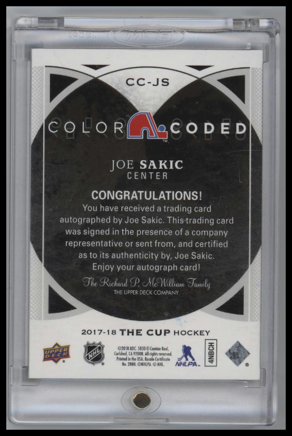 2018-19 Upper Deck The Cup 2017-18 Update I Color Coded Autographs Joe Sakic /33