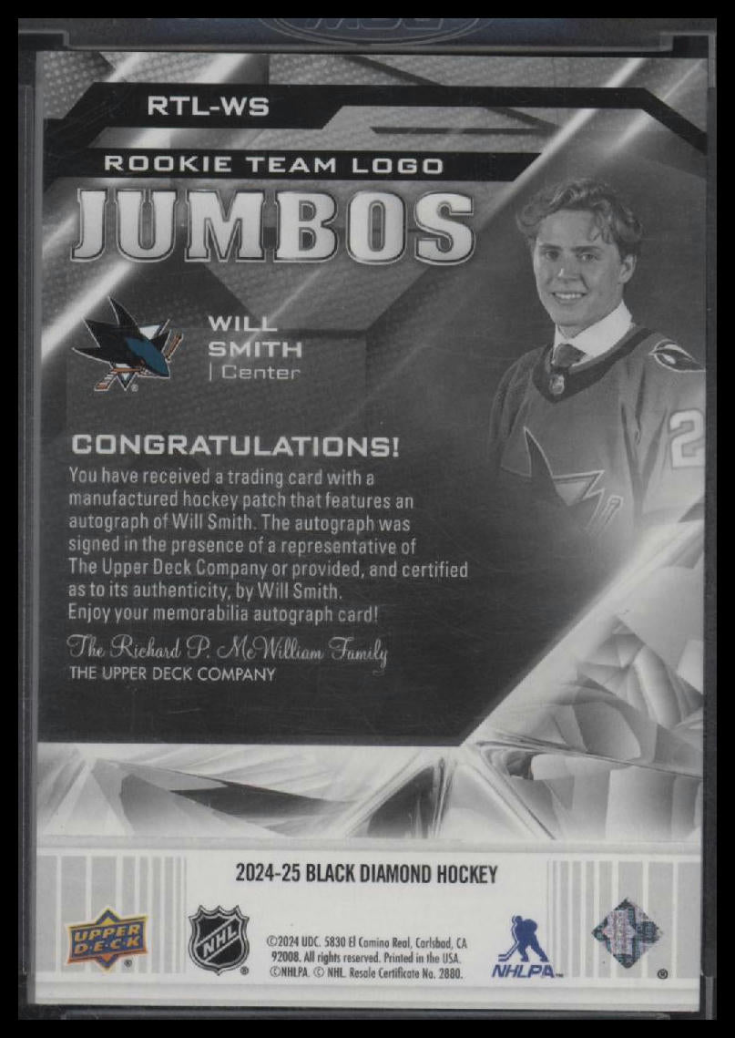 2024-25 Upper Deck Black Diamond Team Logo Jumbo Auto Rookie Will Smith #/49