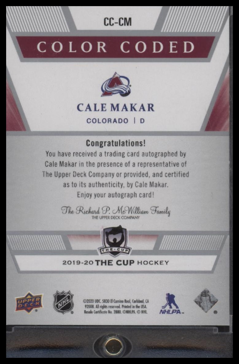 2019-20 Upper Deck The Cup Color Coded Rookie Cale Makar #/33 AU #CC-CM