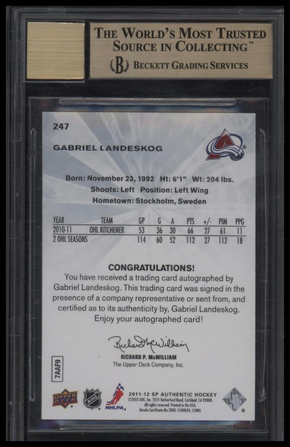 2011-12 SP Authentic Gabriel Landeskog RC #/999 9.5 AU BGS #247