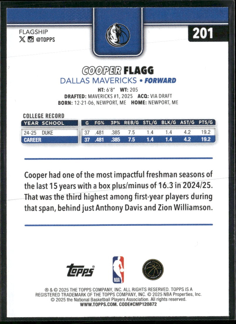 2025-26 Topps Gold Cooper Flagg RC #/2025 #201