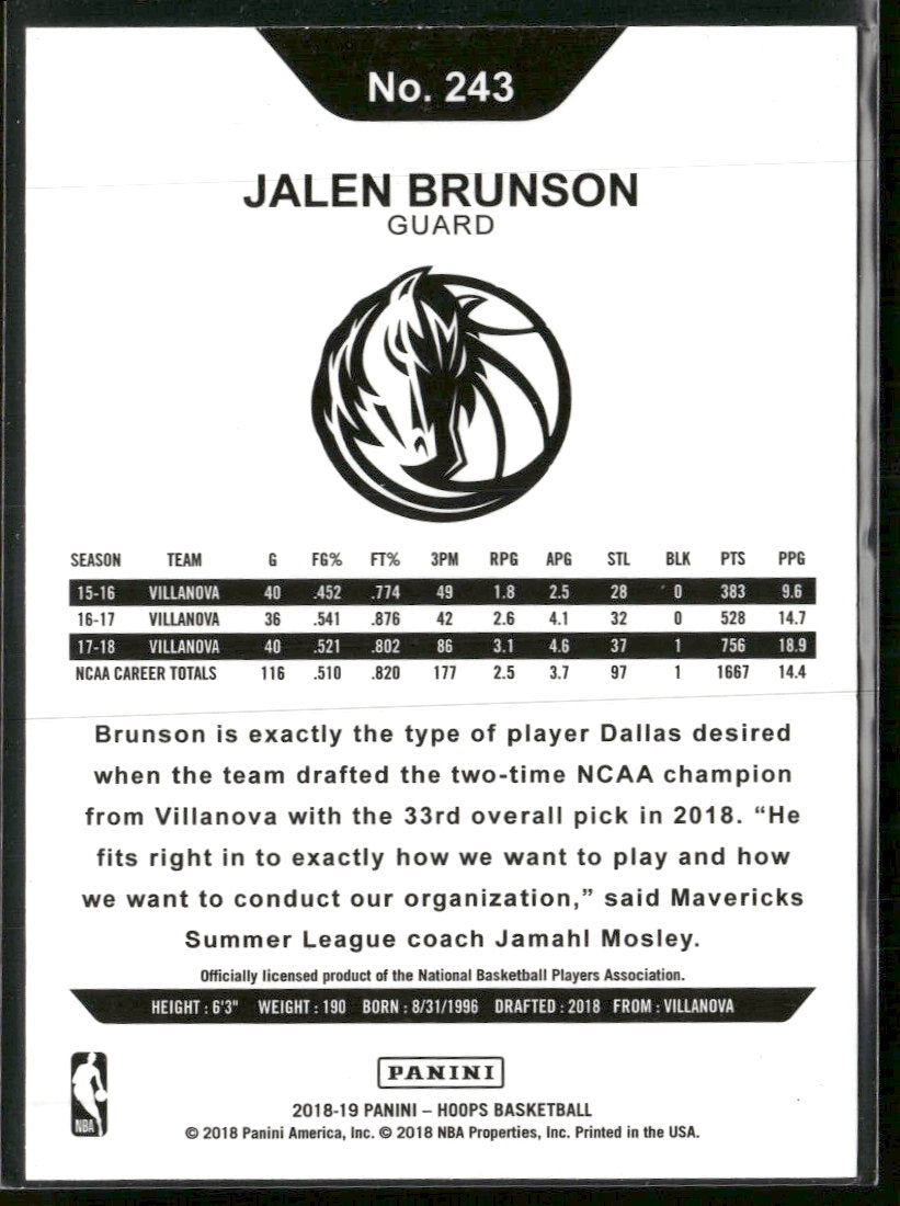 2018-19 Hoops Jalen Brunson RC #243