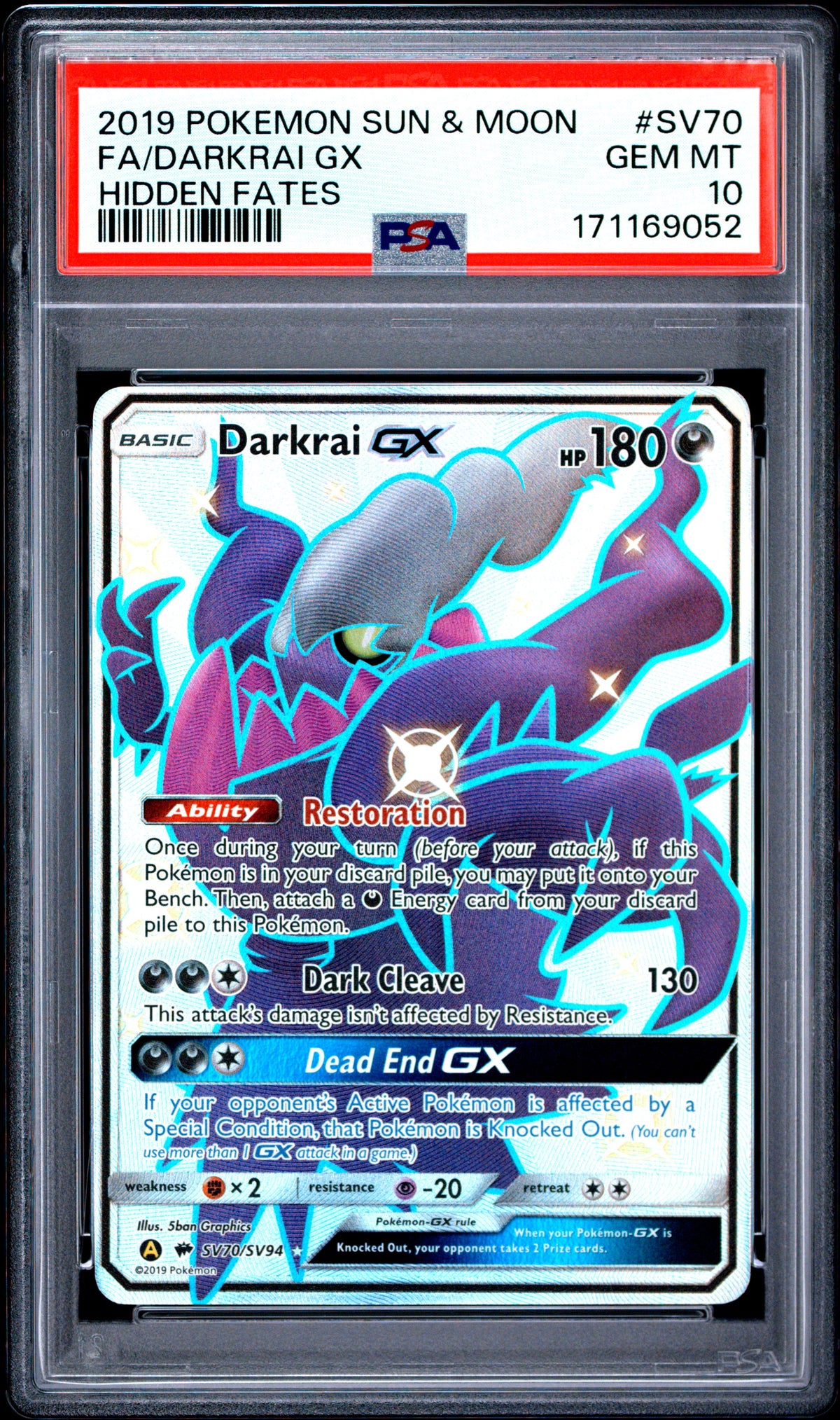 2019 Pokemon Sun & Moon Hidden Fates Hidden Fates Fa/Darkrai Gx 10 PSA #SV70