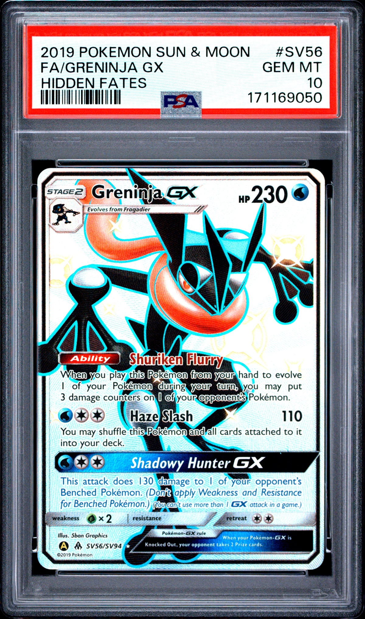 2019 Pokemon Sun & Moon Hidden Fates Hidden Fates Fa/Greninja Gx 10 PSA #SV56