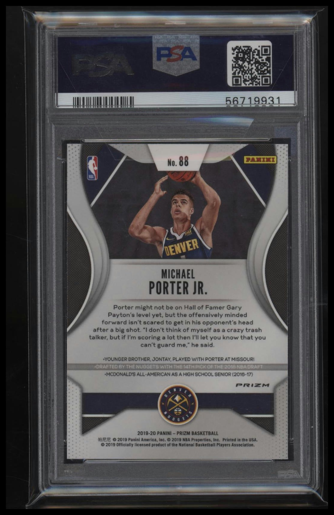 2019 Panini Prizm Silver Prizm Michael Porter Jr. 10 PSA #88
