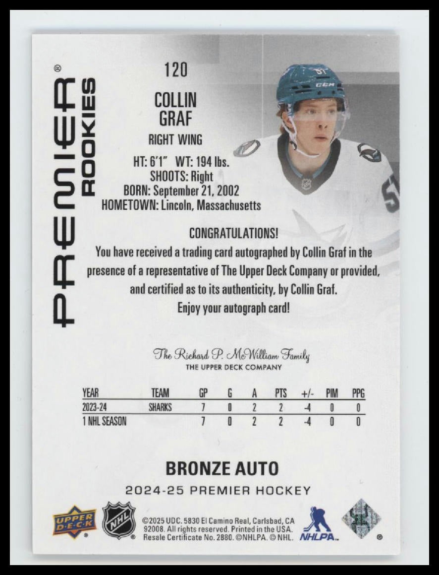 2024-25 Upper Deck Premier Bronze Auto Collin Graf AU #120