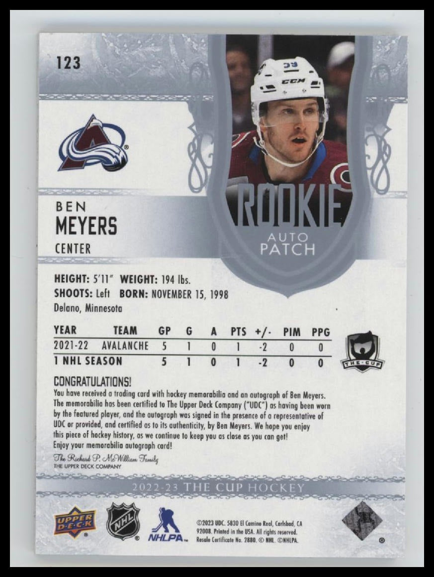 2022-23 Upper Deck The Cup Ben Meyers RC #/249 AU #123