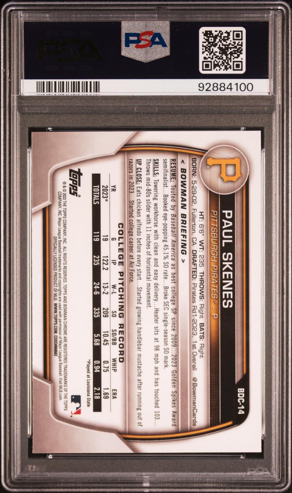 2023 Bowman Draft Chrome Paul Skenes 9 PSA #BDC14