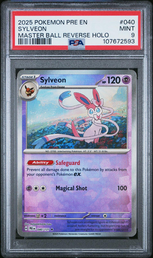2025 Pokemon Prismatic Evolutions Master Ball Reverse Holo Sylveon 9 PSA #040