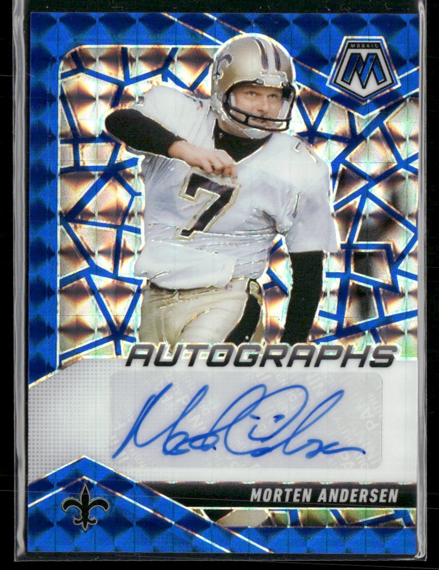 2025 Panini Mosaic Autographs Mosaic Blue Morten Andersen #/99 AU #AMC-MAN