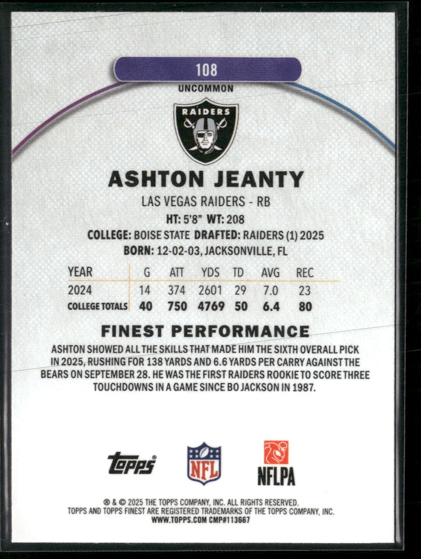 2025 Finest Sky Blue Refractor Ashton Jeanty RC #/250 #108
