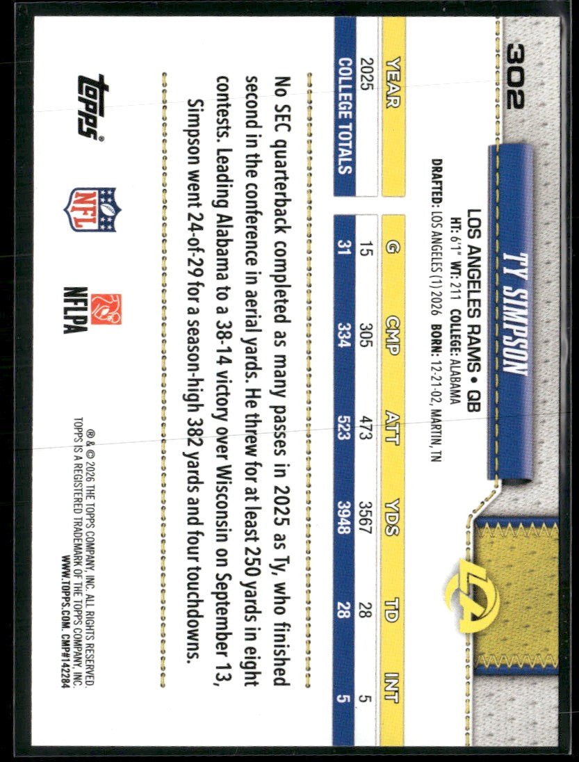 2026 Topps Flagship Football Leather Foil Ty Simpson #302
