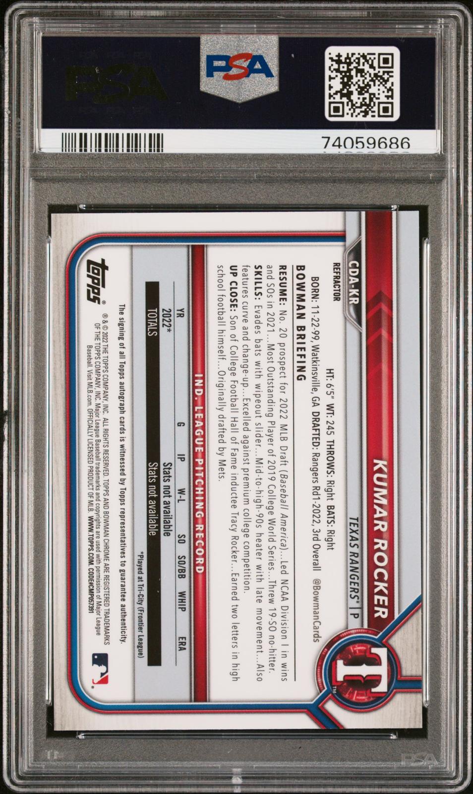2022 Bowman Draft Chrome Draft Pick Auto Refractor Kumar Rocker 9 PSA #CDAKR