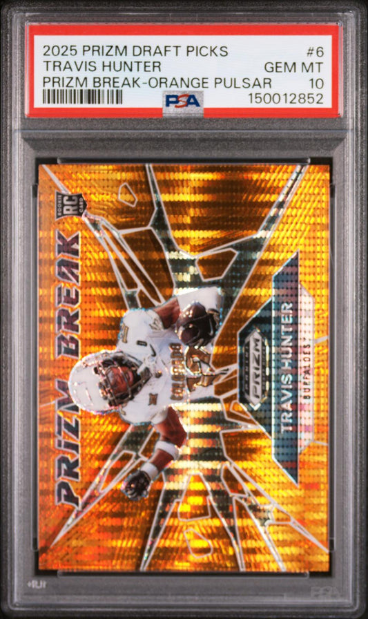 2025 Panini Prizm Draft Picks Prizm Break-Orange Pulsar Travis Hunter 10 PSA #6