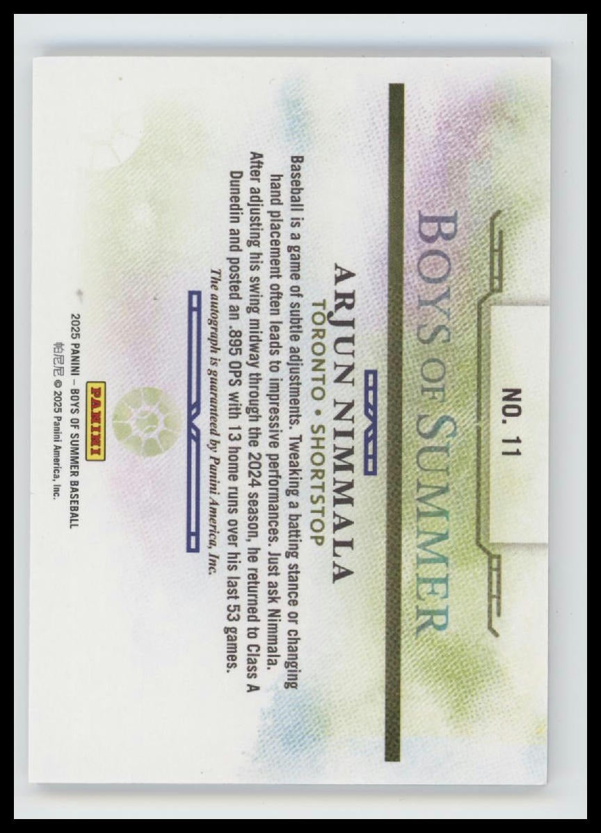 2025 Panini Boys of Summer Jumbo Acetate Signatures Arjun Nimmala #/199 AU #11