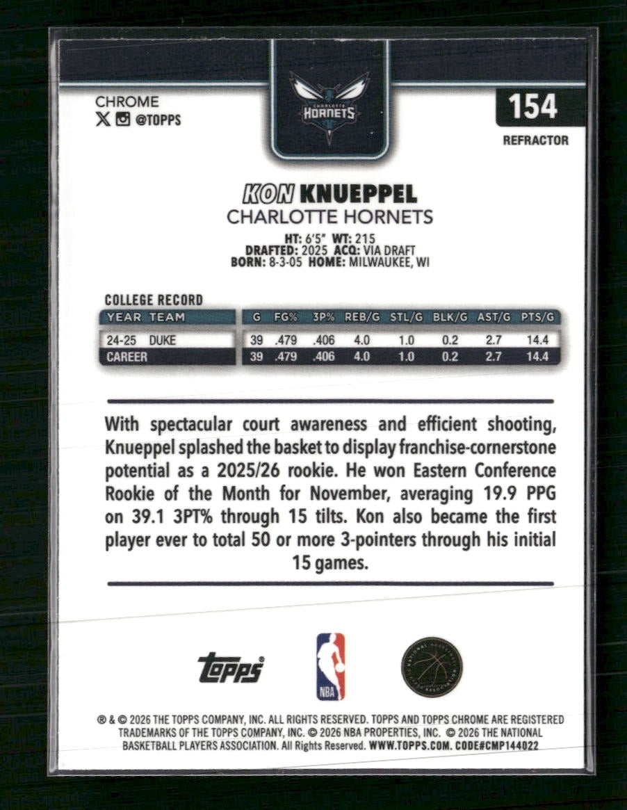 2025-26 Topps Chrome Update Refractor Kon Knueppel RC #154