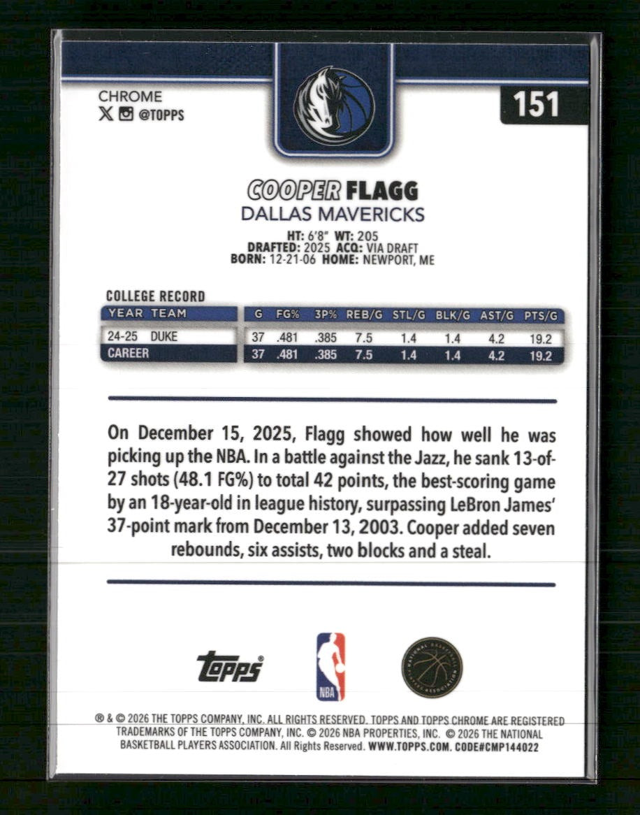 2025-26 Topps Chrome Update Cooper Flagg RC #151