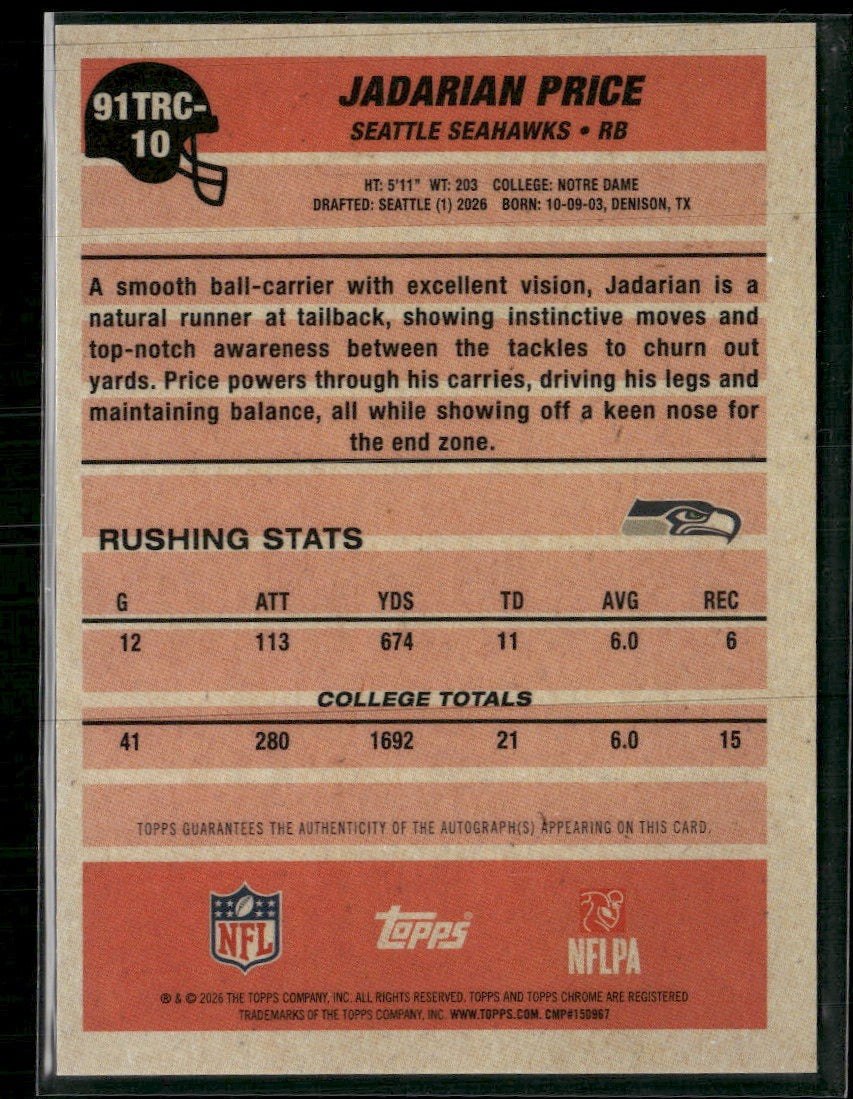 2026 Topps Flagship 1991 Football RC Chrome Auto Mojo Jadarian Price #91TRC-10