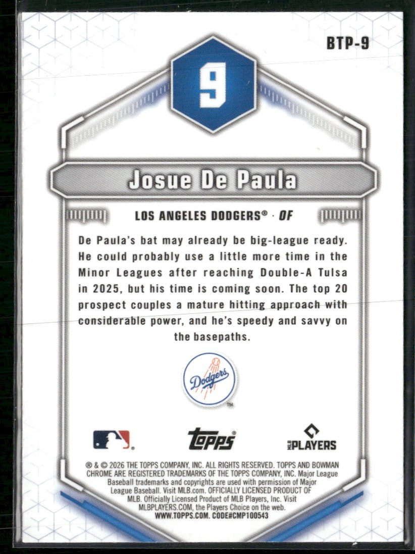 2026 Bowman Bowman Scouts' Top 100 Green Refractor Josue De Paula #/99 #BTP-9