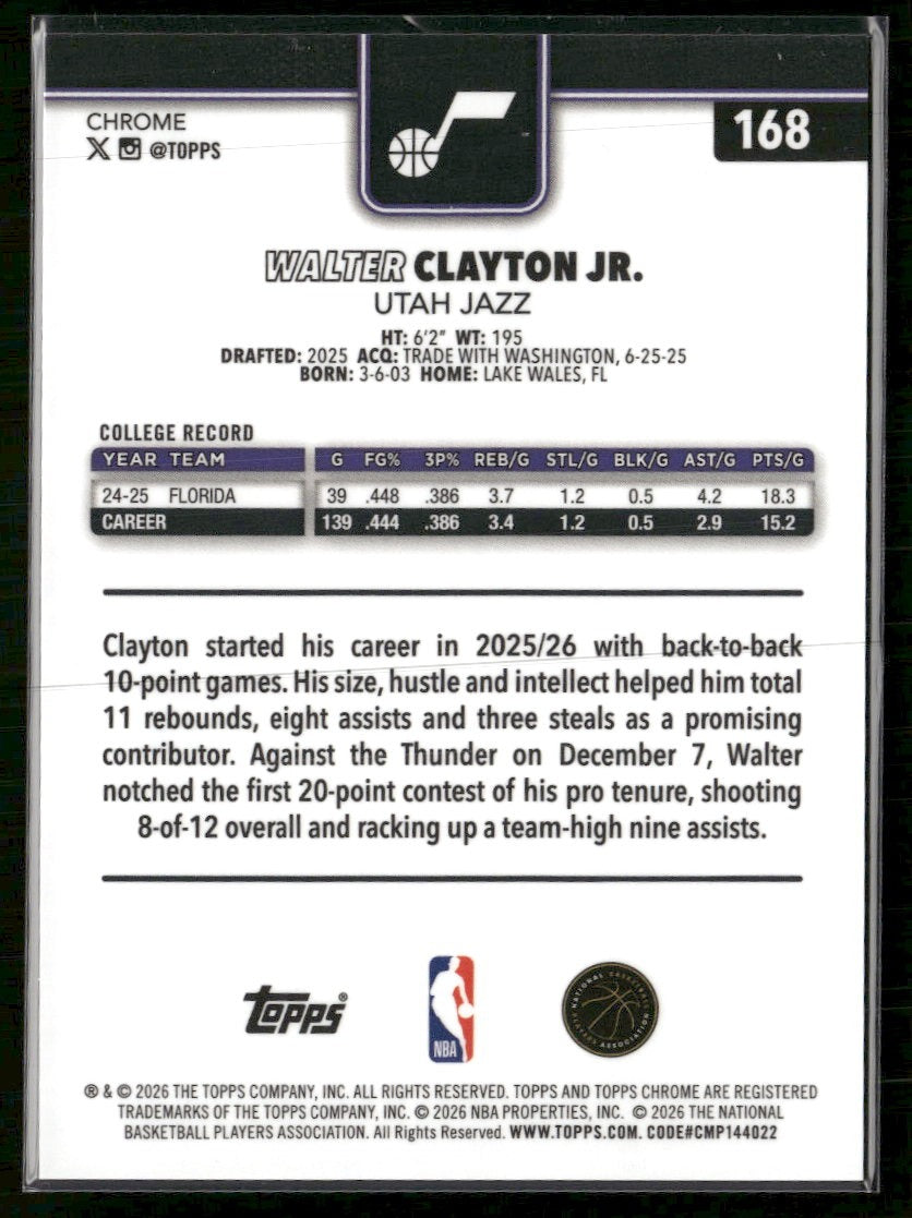 2025-26 Topps C Update Orange RayWave Refractor Walter Clayton Jr. RC #/25 #168
