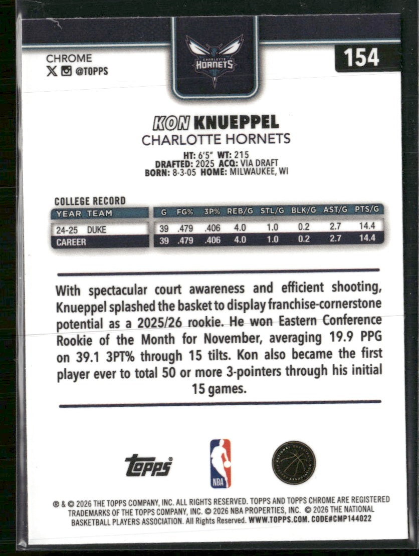 2025-26 Topps Chrome Update X-Fractor Kon Knueppel RC #154