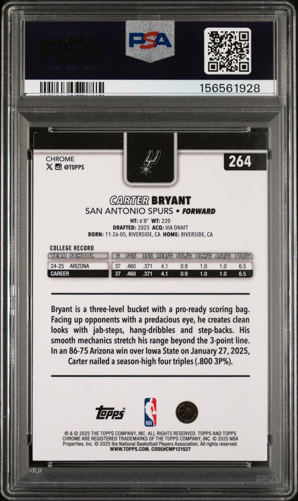 2025 Topps Chrome Sapphire Edition Purple Carter Bryant 9 PSA #264