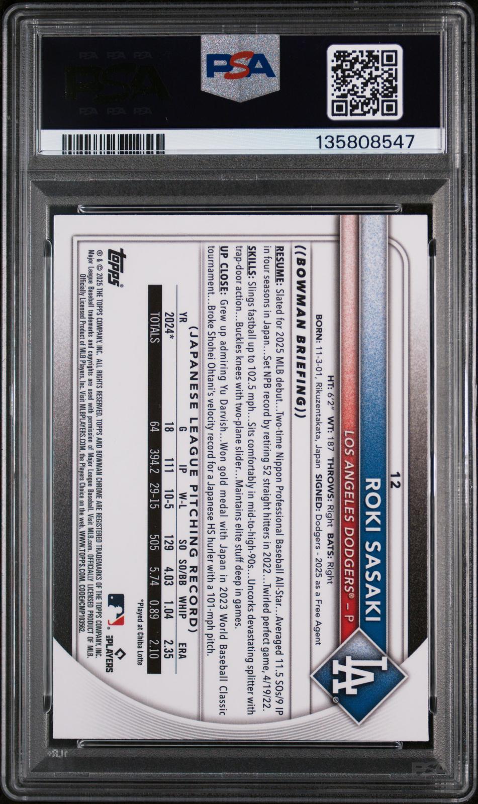 2025 Bowman Mega Box Chrome Burgundy Refractor Roki Sasaki 10 PSA #12