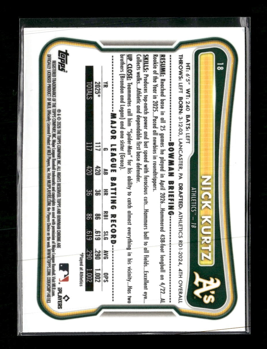 2026 Bowman Chrome Yellow Mojo Refractor Nick Kurtz #18 /75