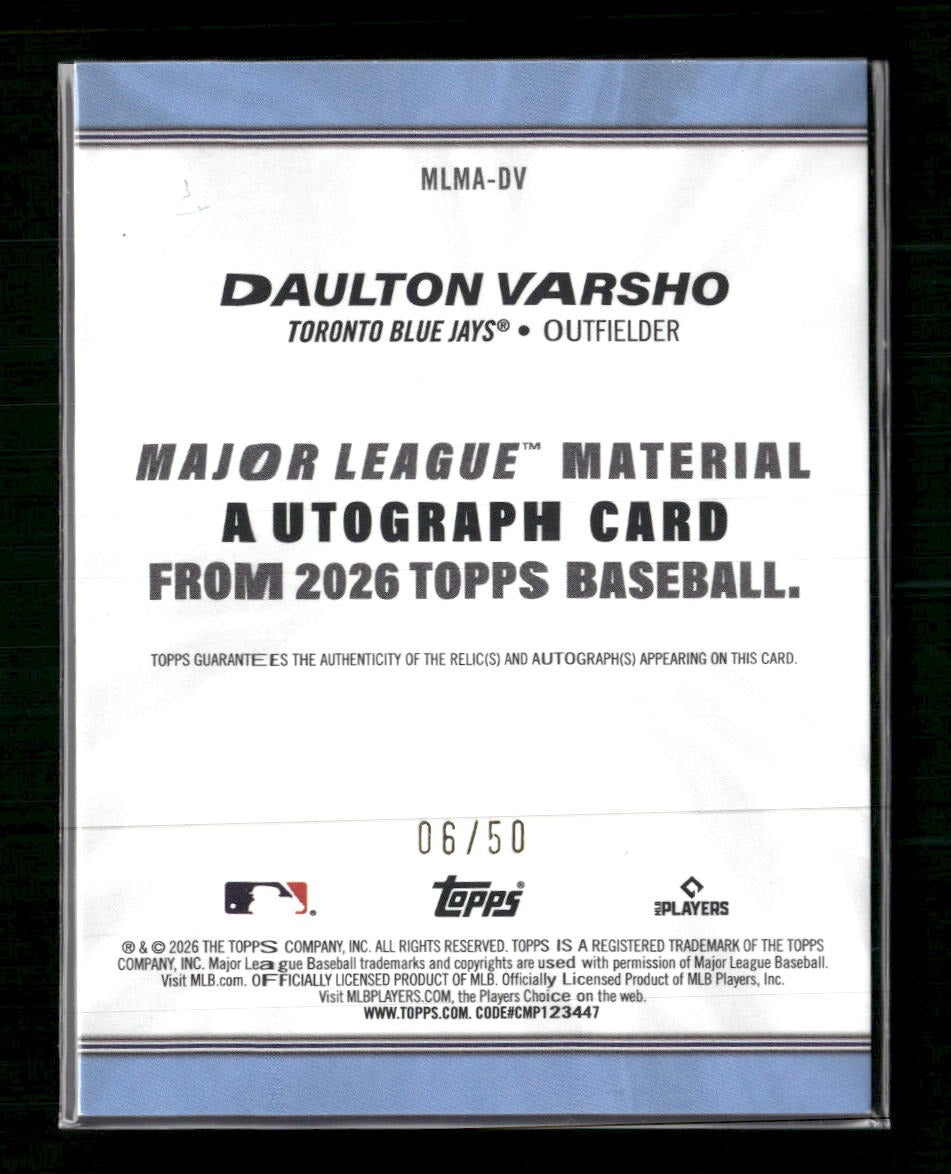 2026 Topps Major League Materials AU Gold (Series 1) Daulton Varsho /50 #MLMA-DV