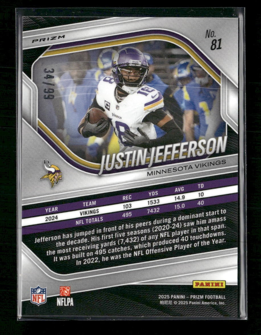 2025 Panini Prizm No Huddle Red Justin Jefferson #/99 #81