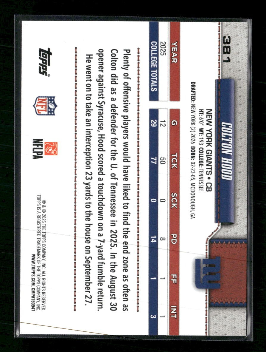 2026 Topps Flagship Team Color Border Variations Colton Hood RC #381