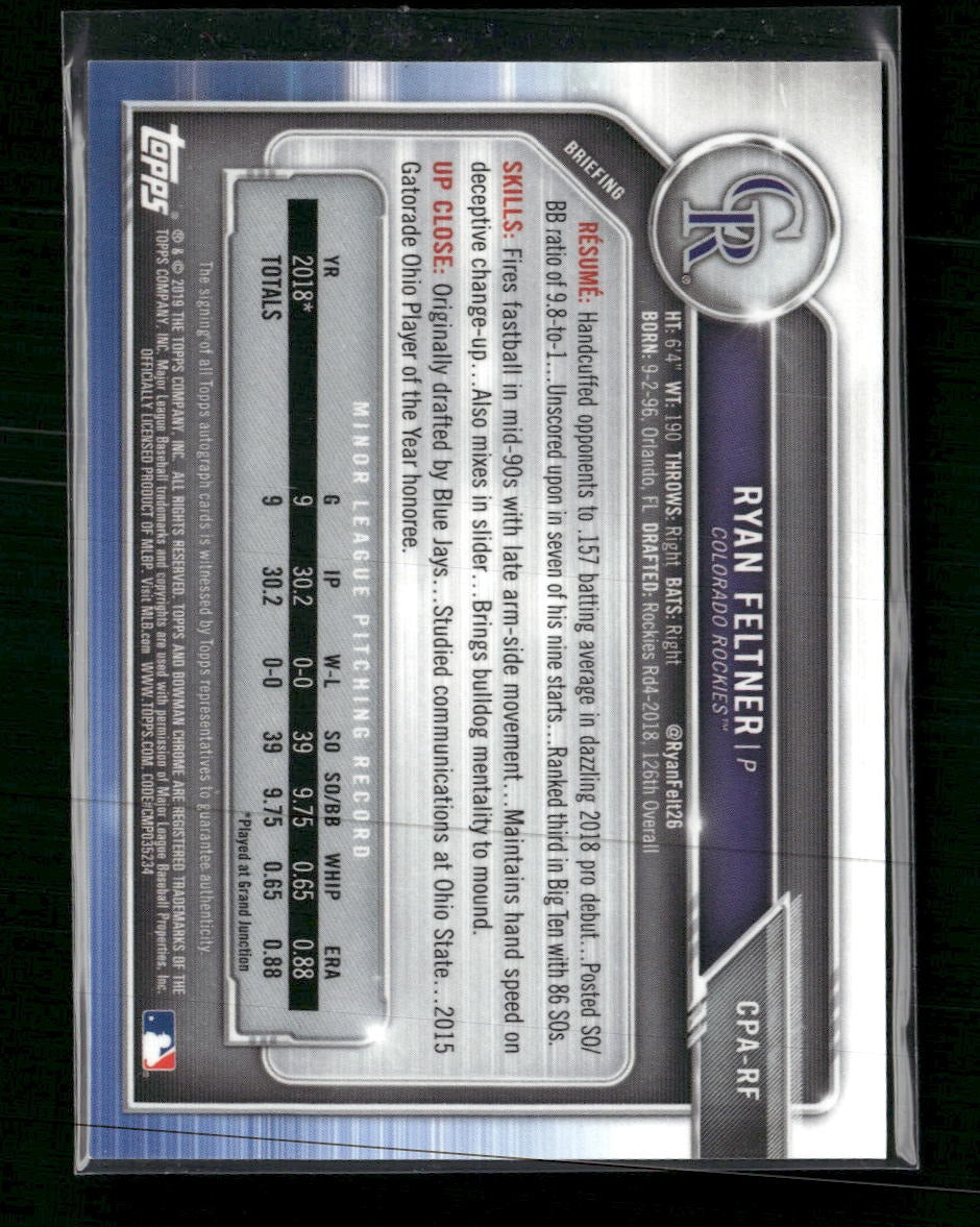 2019 Bowman Chrome Prospects AU Choice Refractor Ryan Feltner #/150 #CPA-RF