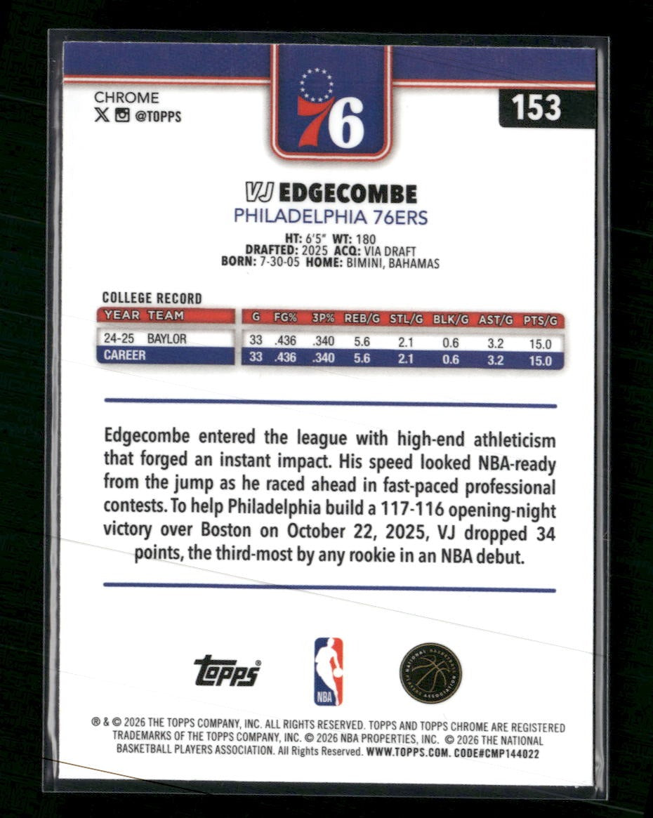 2025-26 Topps Chrome Update X-Fractor VJ Edgecombe RC #153