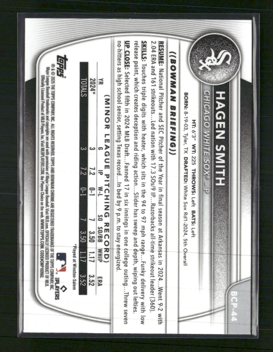2025 Bowman Chrome Prospects Mojo Yellow Refractor Hagen Smith #/75 #BCP-44