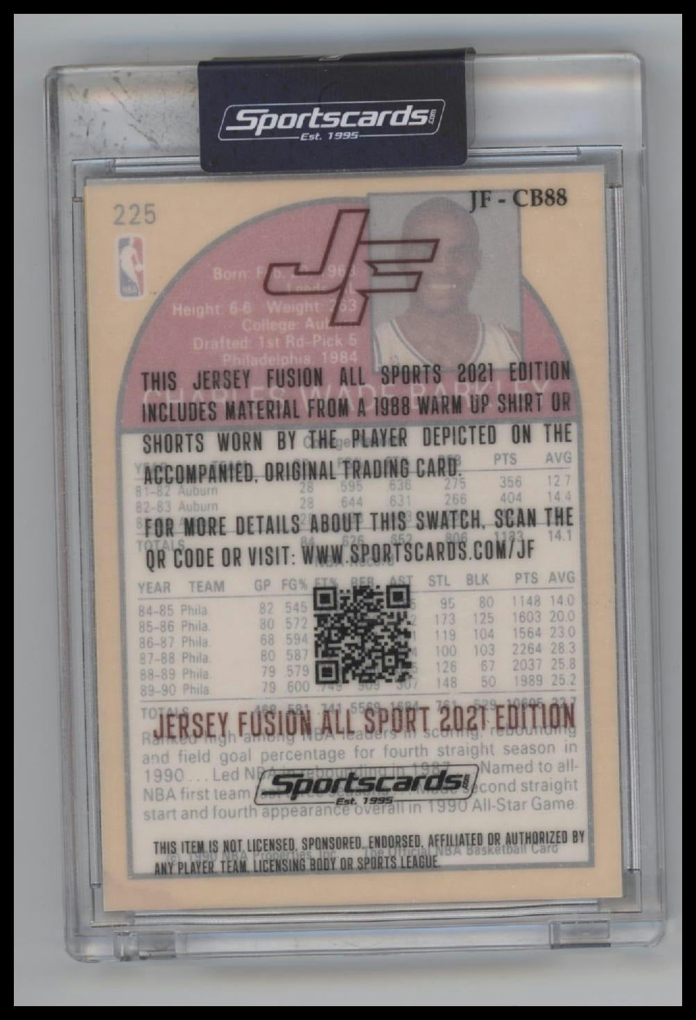1990-91 Hoops Game Used Jersey Fusion Encased Charles Barkley #225