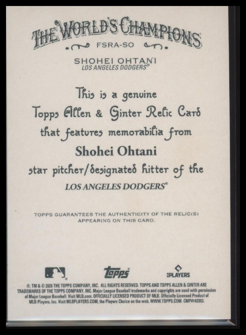 2026 Topps Allen & Ginter Full-Size Relic A Shohei Ohtani #FSRA-SO