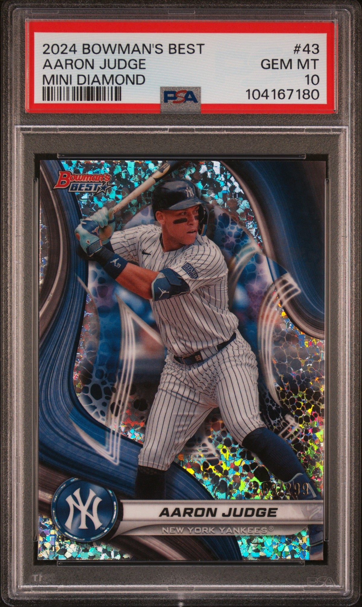 Graded 2024 Topps Bowmans Best Aaron Judge #43 Mini Diamond #/299 Baseball Card PSA 10 Gem Mint