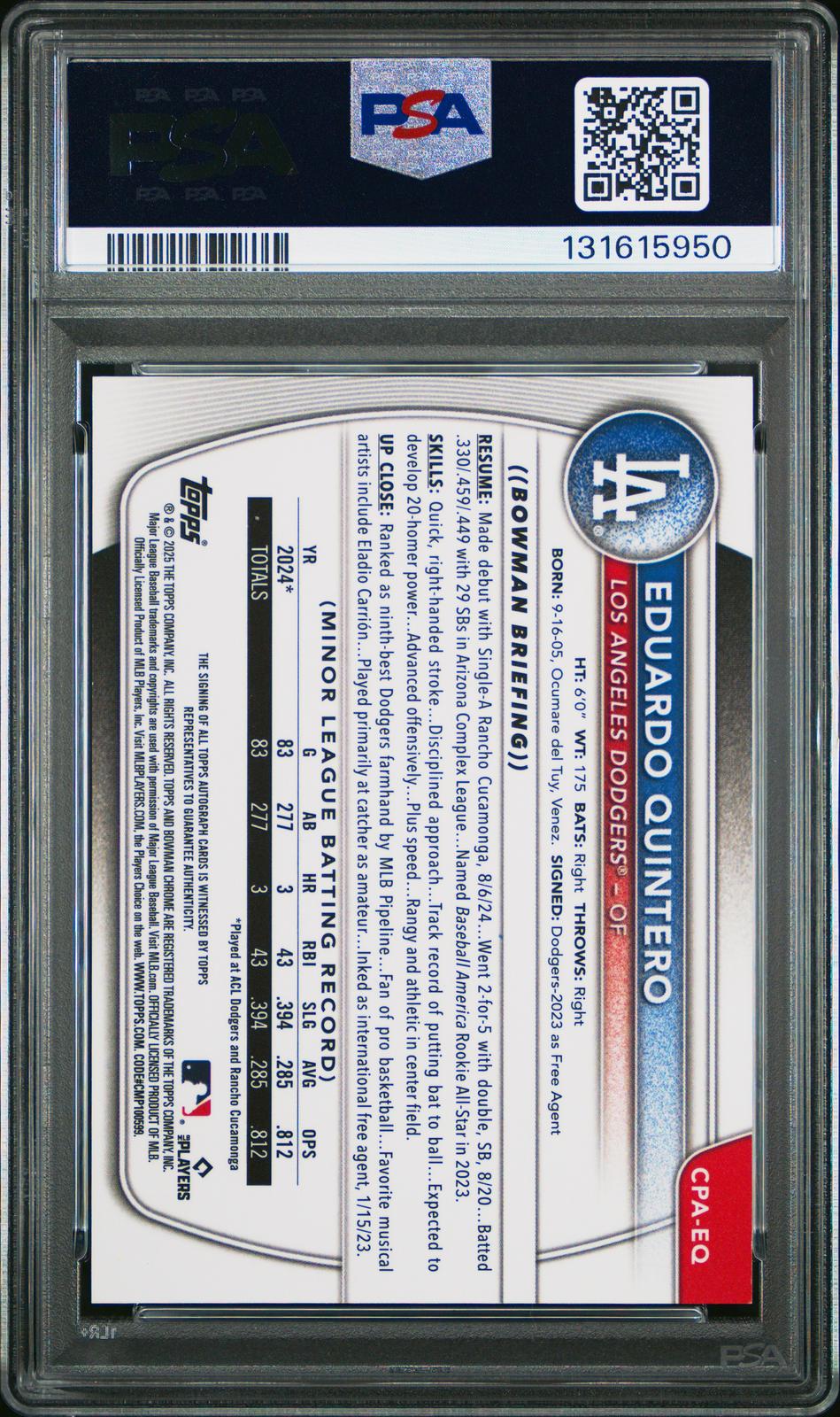 2025 Bowman Chrome Prospect AU Pros Au-Speckle Ref Eduardo Quintero 9 PSA #CPAEQ
