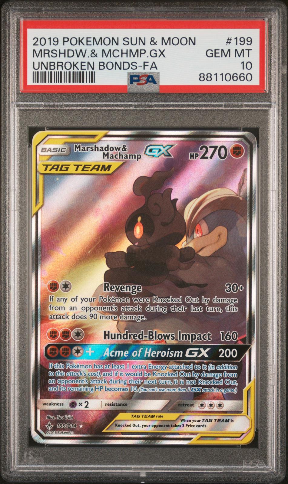 2019 Pokemon Sun & Moon Unbroken Bonds-Fa Mrshdw.& Mchmp.Gx 10 PSA #199
