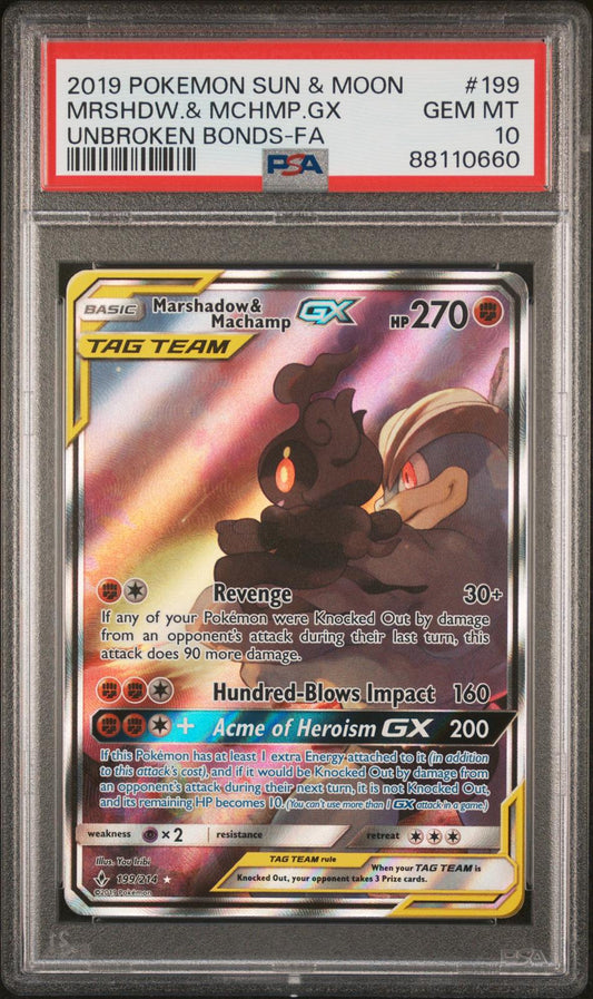 2019 Pokemon Sun & Moon Unbroken Bonds-Fa Mrshdw.& Mchmp.Gx 10 PSA #199