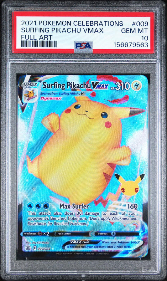 2021 Pokemon Celebrations Full Art Surfing Pikachu Vmax 10 PSA #009