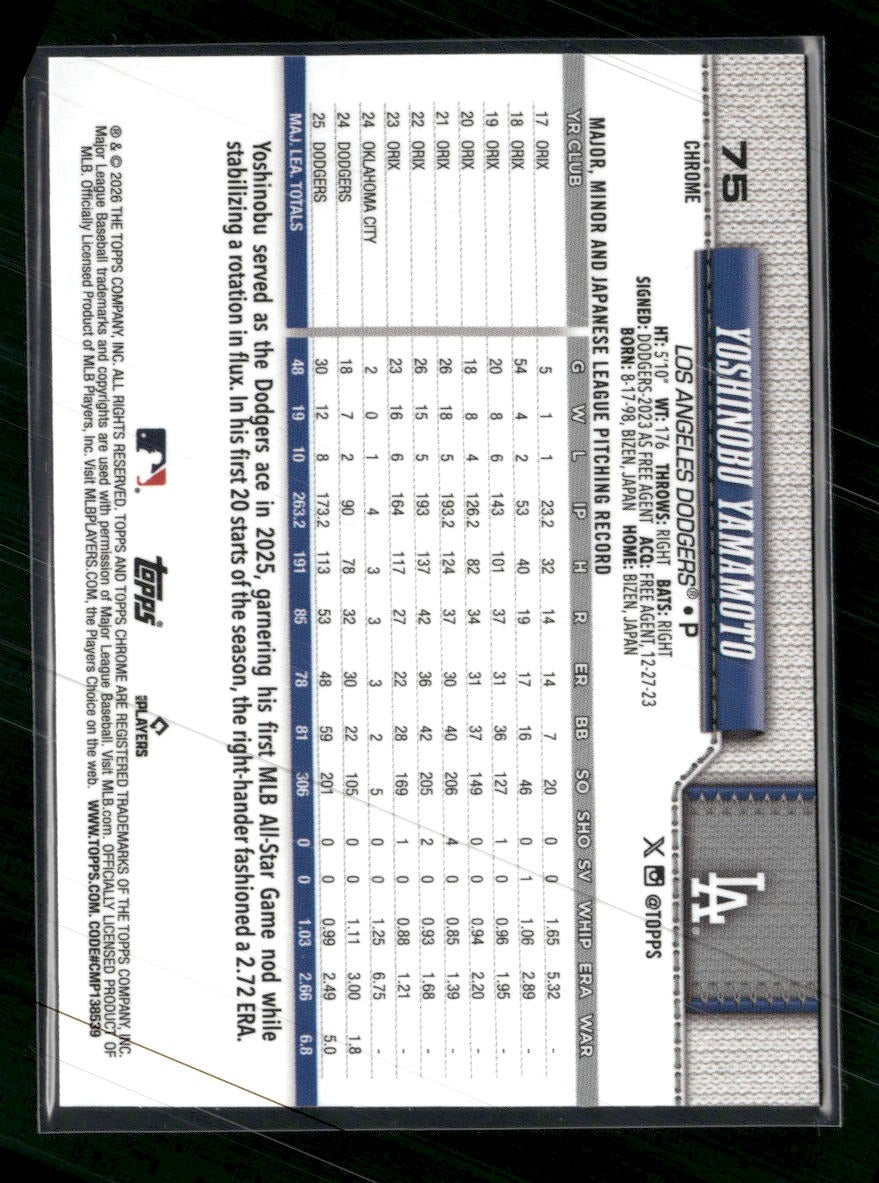 2026 Topps Chrome Sapphire Edition Blue #/150 Yoshinobu Yamamoto #75