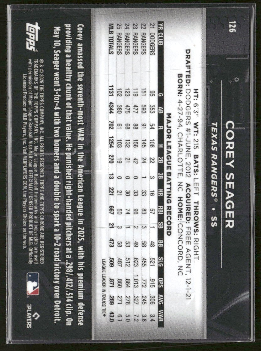 2026 Topps Chrome Black Purple Wave Refractor Corey Seager #/75 #126