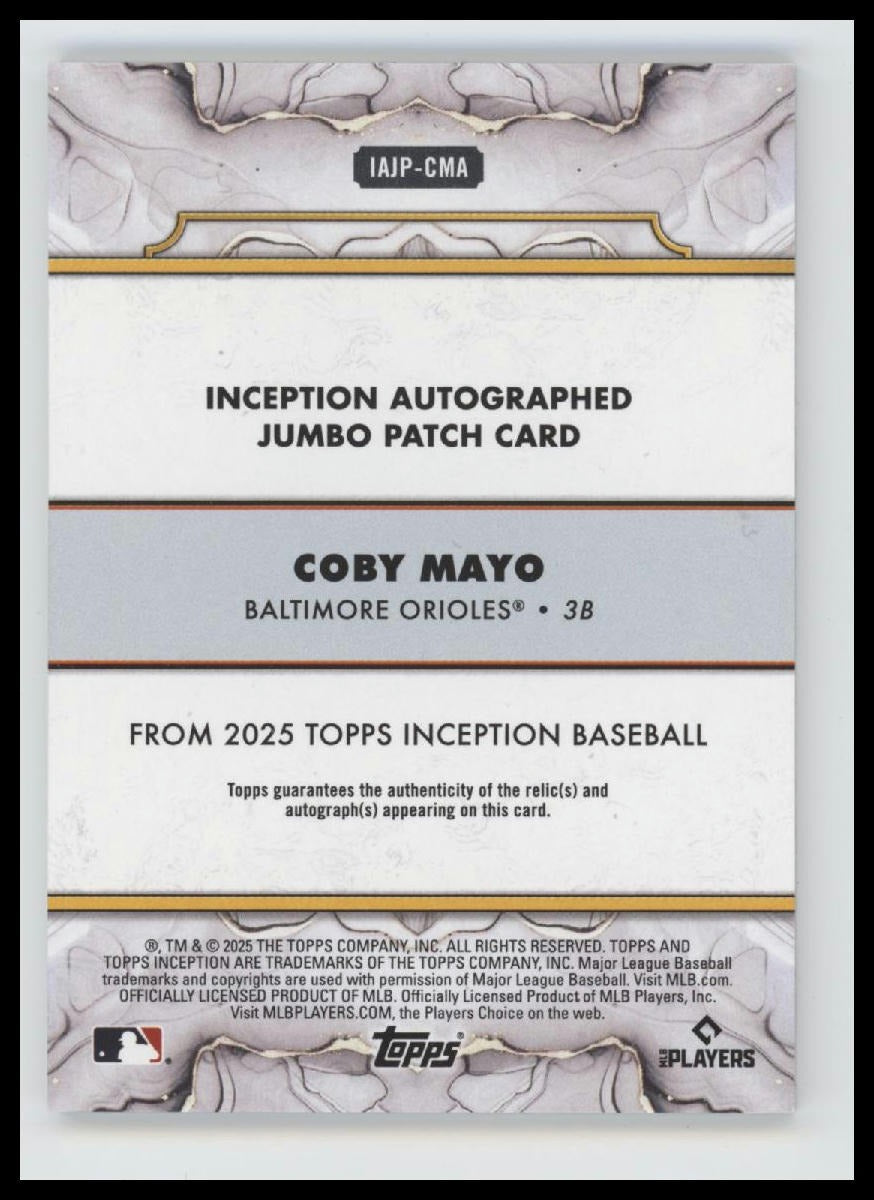 2025 Topps Inception Auto Jumbo Patch Blue #/25 Coby Mayo #IAJP-CMA