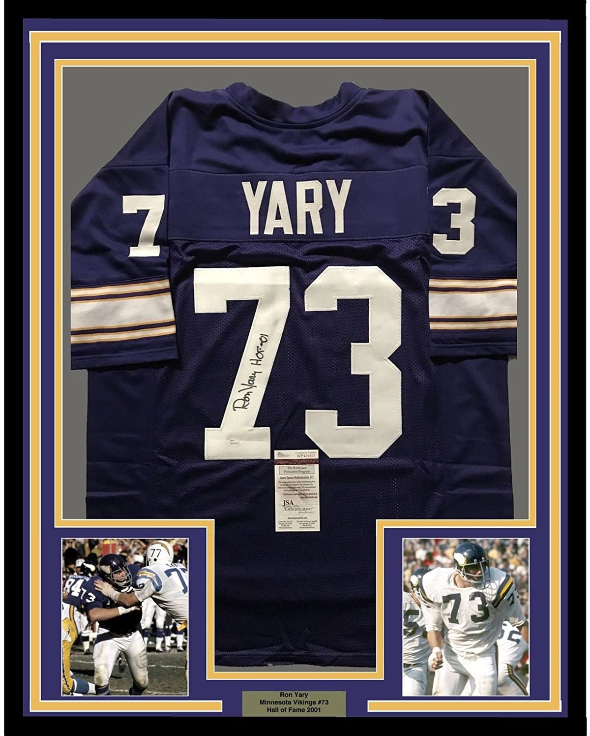 Framed Autographed/Signed Ron Yary HOF 01  35x39 Minnesota Vikings Purple Football Jersey JSA COA